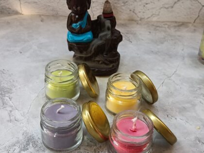 Mini Glass Jar Candle, Set of 4, Scented Aromatic Fragrance of Rose, Lavender, Lemon Fresh & Jasmine, Each 20g